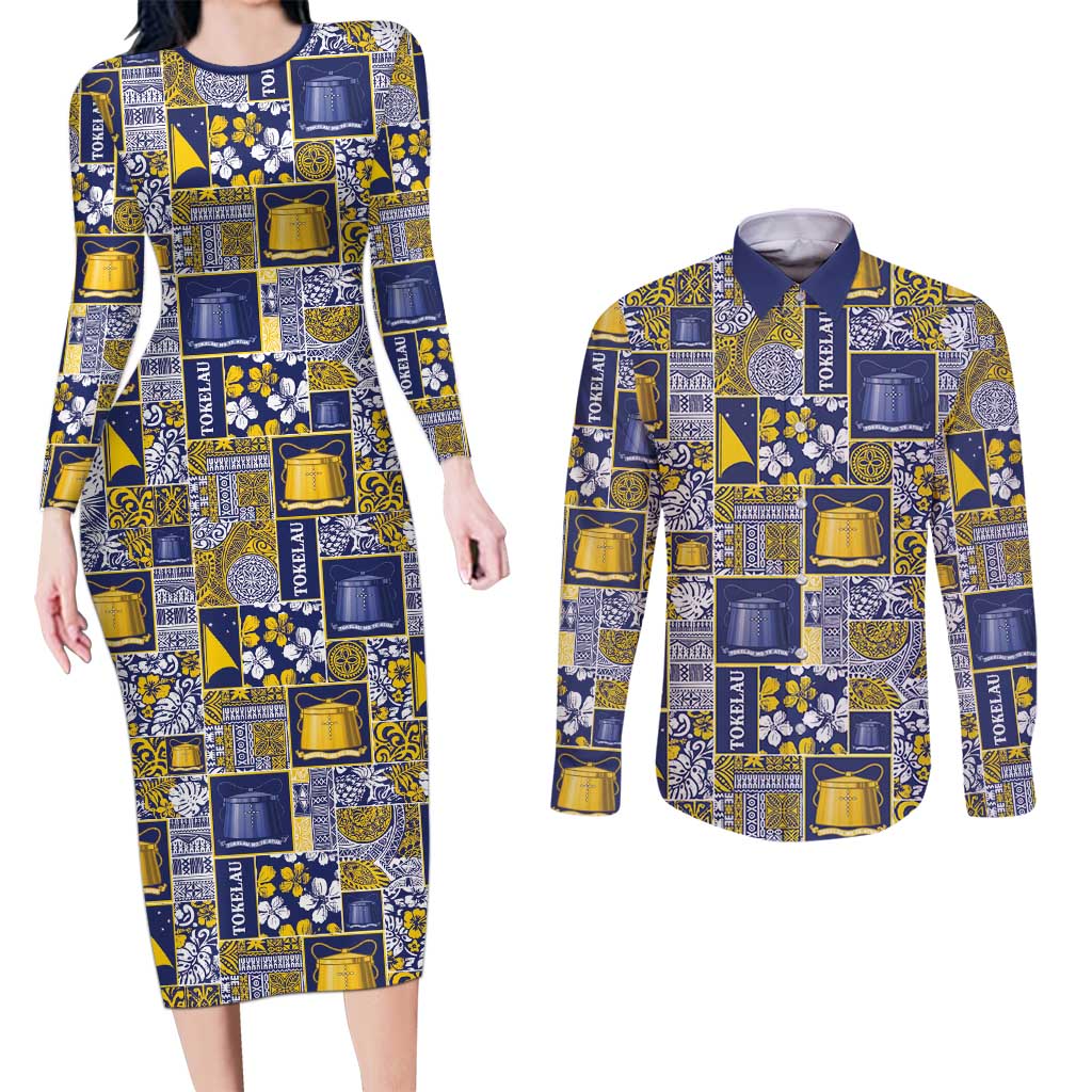 Tokelau Manuia te Kilihimahi Couples Matching Long Sleeve Bodycon Dress and Long Sleeve Button Shirt Pacific Patchwork Xmas Vibes - Polynesian Pride