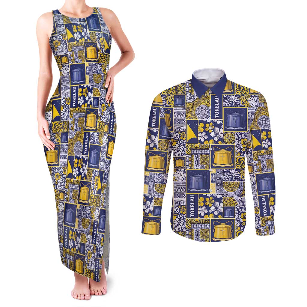 Tokelau Manuia te Kilihimahi Couples Matching Tank Maxi Dress and Long Sleeve Button Shirt Pacific Patchwork Xmas Vibes - Polynesian Pride