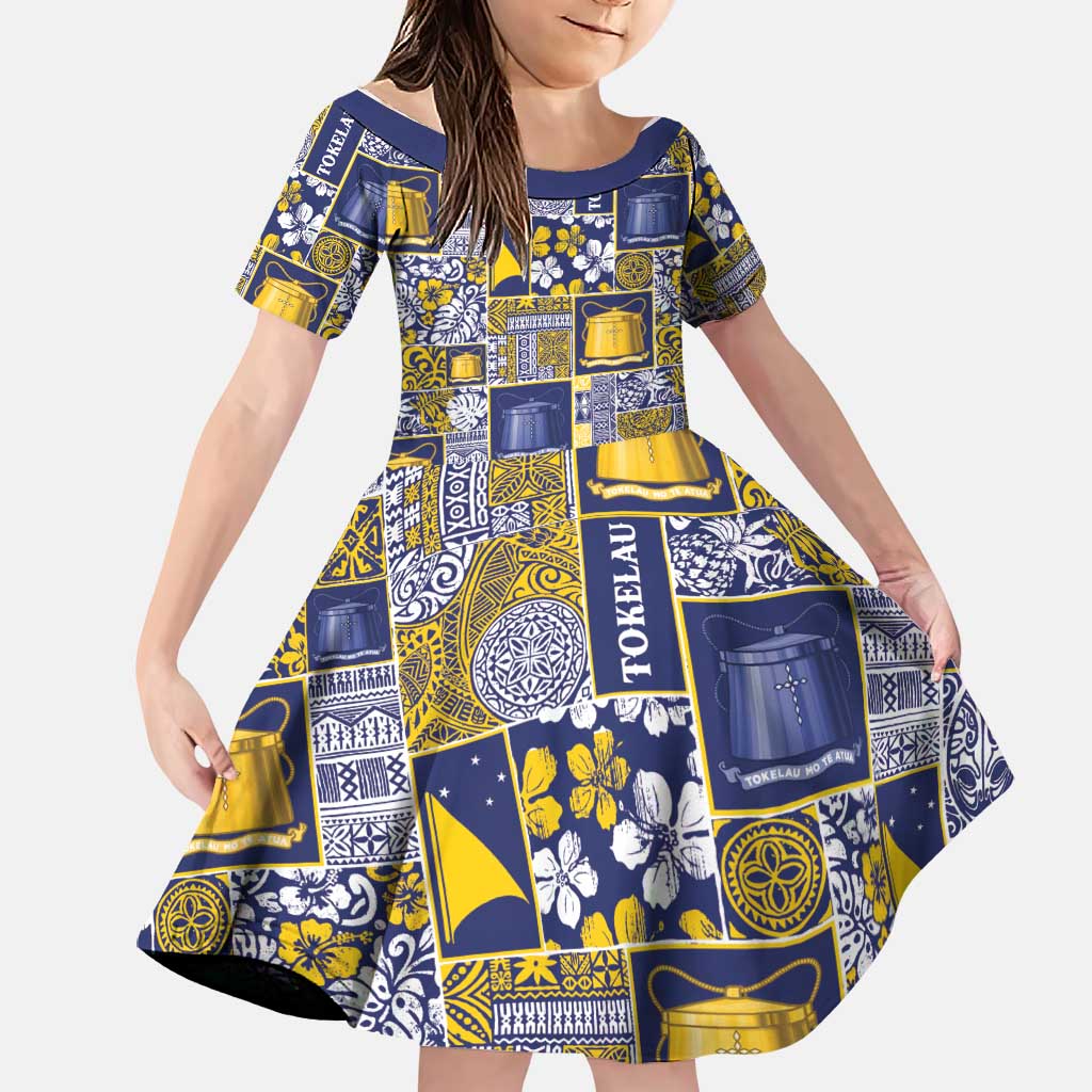 Tokelau Manuia te Kilihimahi Family Matching Off The Shoulder Long Sleeve Dress and Hawaiian Shirt Pacific Patchwork Xmas Vibes LT9 Daughter's Dress Blue - Polynesian Pride