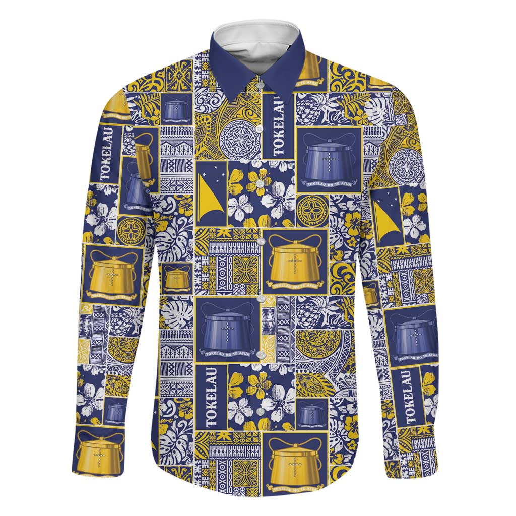 Tokelau Manuia te Kilihimahi Family Matching Tank Maxi Dress and Hawaiian Shirt Pacific Patchwork Xmas Vibes LT9 Dad's Shirt - Long Sleeve Blue - Polynesian Pride