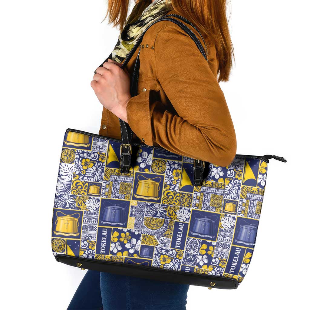 Tokelau Manuia te Kilihimahi Leather Tote Bag Pacific Patchwork Xmas Vibes - Polynesian Pride