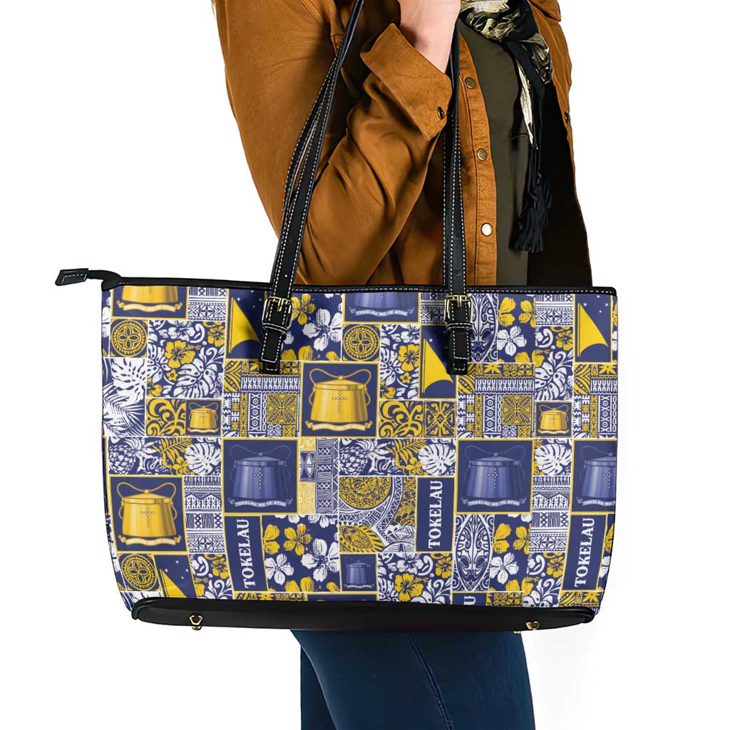 Tokelau Manuia te Kilihimahi Leather Tote Bag Pacific Patchwork Xmas Vibes - Polynesian Pride