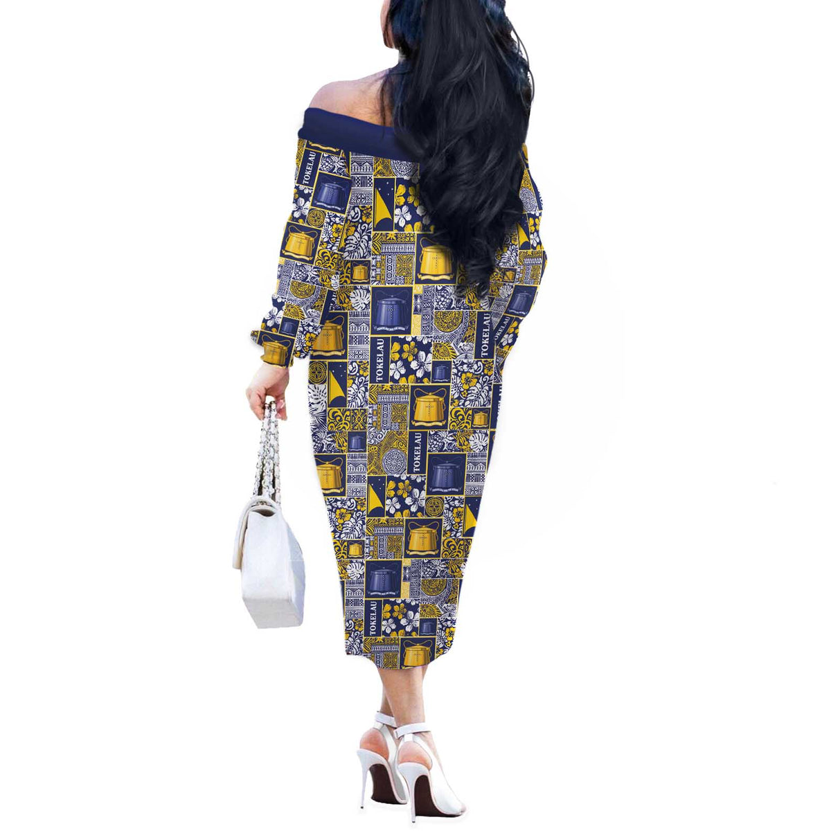 Tokelau Manuia te Kilihimahi Off The Shoulder Long Sleeve Dress Pacific Patchwork Xmas Vibes - Polynesian Pride