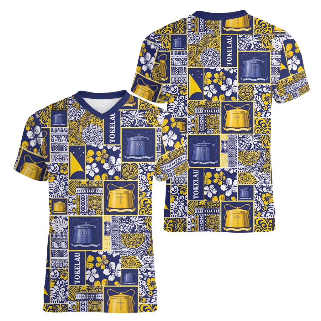 Tokelau Manuia te Kilihimahi Women V-Neck T-Shirt Pacific Patchwork Xmas Vibes - Polynesian Pride