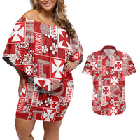 Wallis Et Futuna Kilisimasi Fiefia Couples Matching Off Shoulder Short Dress and Hawaiian Shirt Pacific Patchwork Xmas Vibes - Polynesian Pride