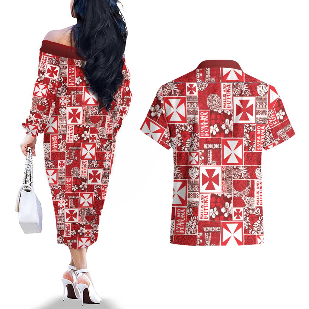 Wallis Et Futuna Kilisimasi Fiefia Couples Matching Off The Shoulder Long Sleeve Dress and Hawaiian Shirt Pacific Patchwork Xmas Vibes LT9 - Polynesian Pride