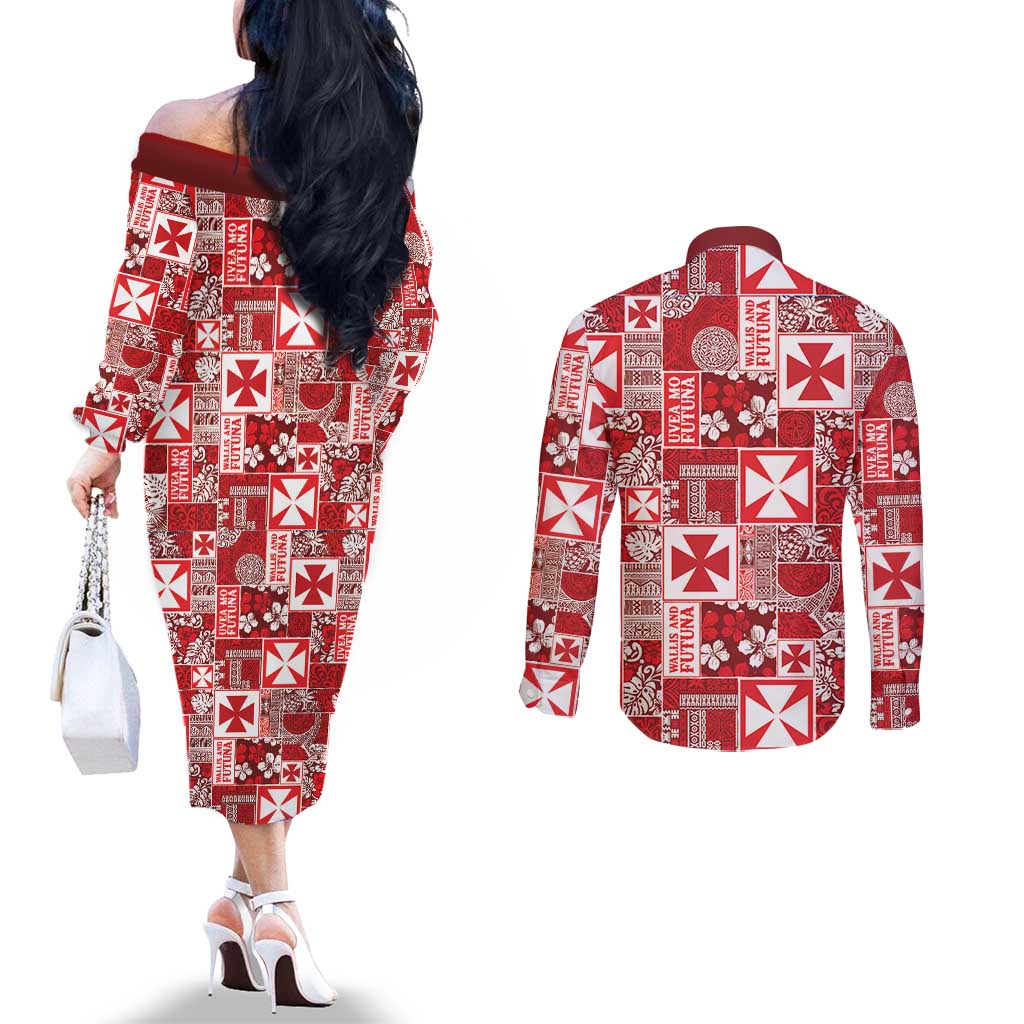Wallis Et Futuna Kilisimasi Fiefia Couples Matching Off The Shoulder Long Sleeve Dress and Long Sleeve Button Shirt Pacific Patchwork Xmas Vibes LT9 - Polynesian Pride