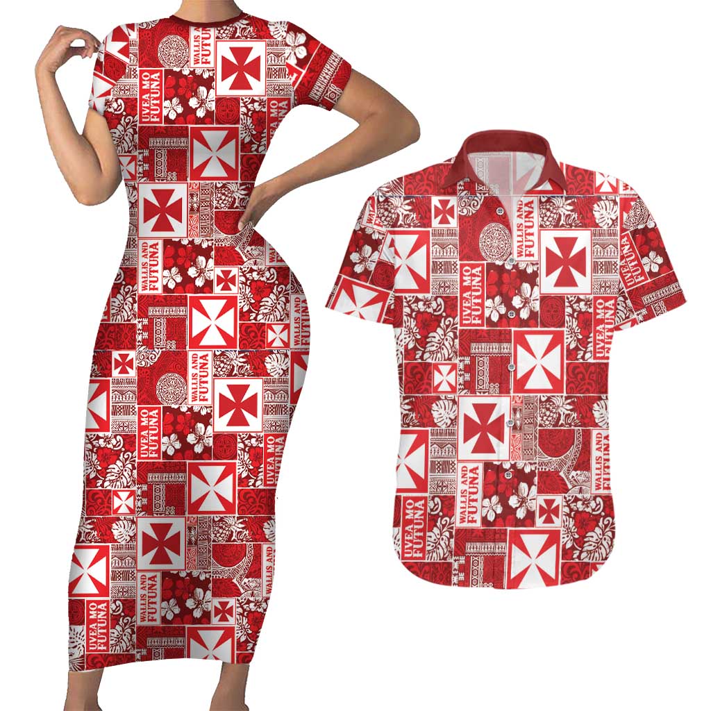 Wallis Et Futuna Kilisimasi Fiefia Couples Matching Short Sleeve Bodycon Dress and Hawaiian Shirt Pacific Patchwork Xmas Vibes LT9 Red - Polynesian Pride