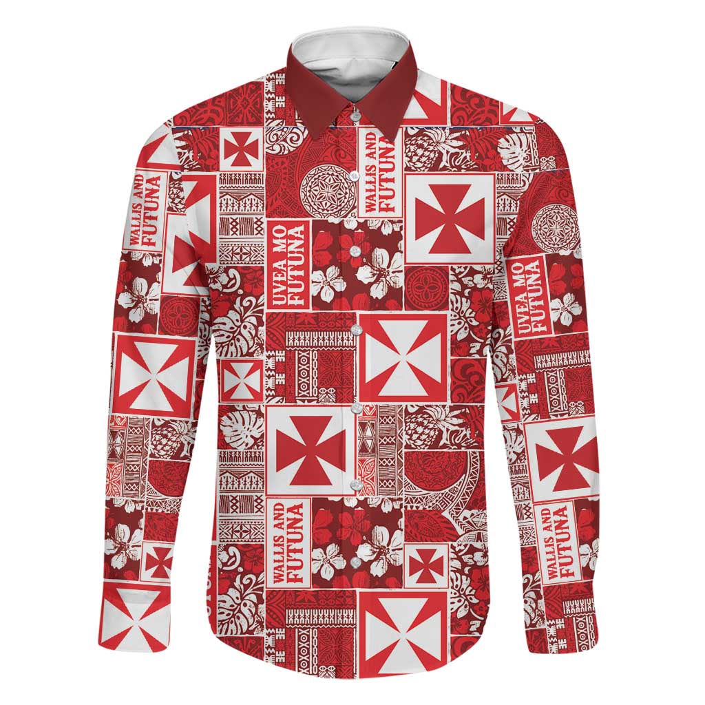 Wallis Et Futuna Kilisimasi Fiefia Family Matching Off Shoulder Maxi Dress and Hawaiian Shirt Pacific Patchwork Xmas Vibes LT9 Dad's Shirt - Long Sleeve Red - Polynesian Pride