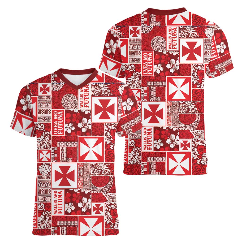 Wallis Et Futuna Kilisimasi Fiefia Women V-Neck T-Shirt Pacific Patchwork Xmas Vibes - Polynesian Pride