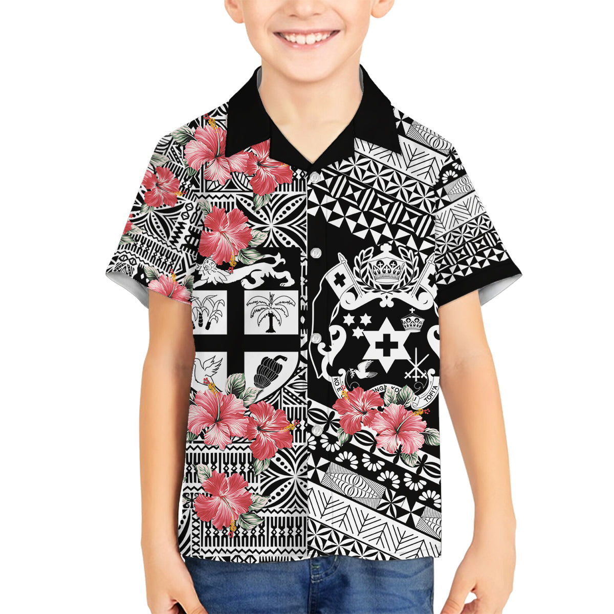 Fiji Tonga Coat of Arm Personalised Family Matching Off Shoulder Maxi Dress and Hawaiian Shirt With Masi Tapa and Tongan Ngatu Together LT9 Son's Shirt Black - Polynesian Pride