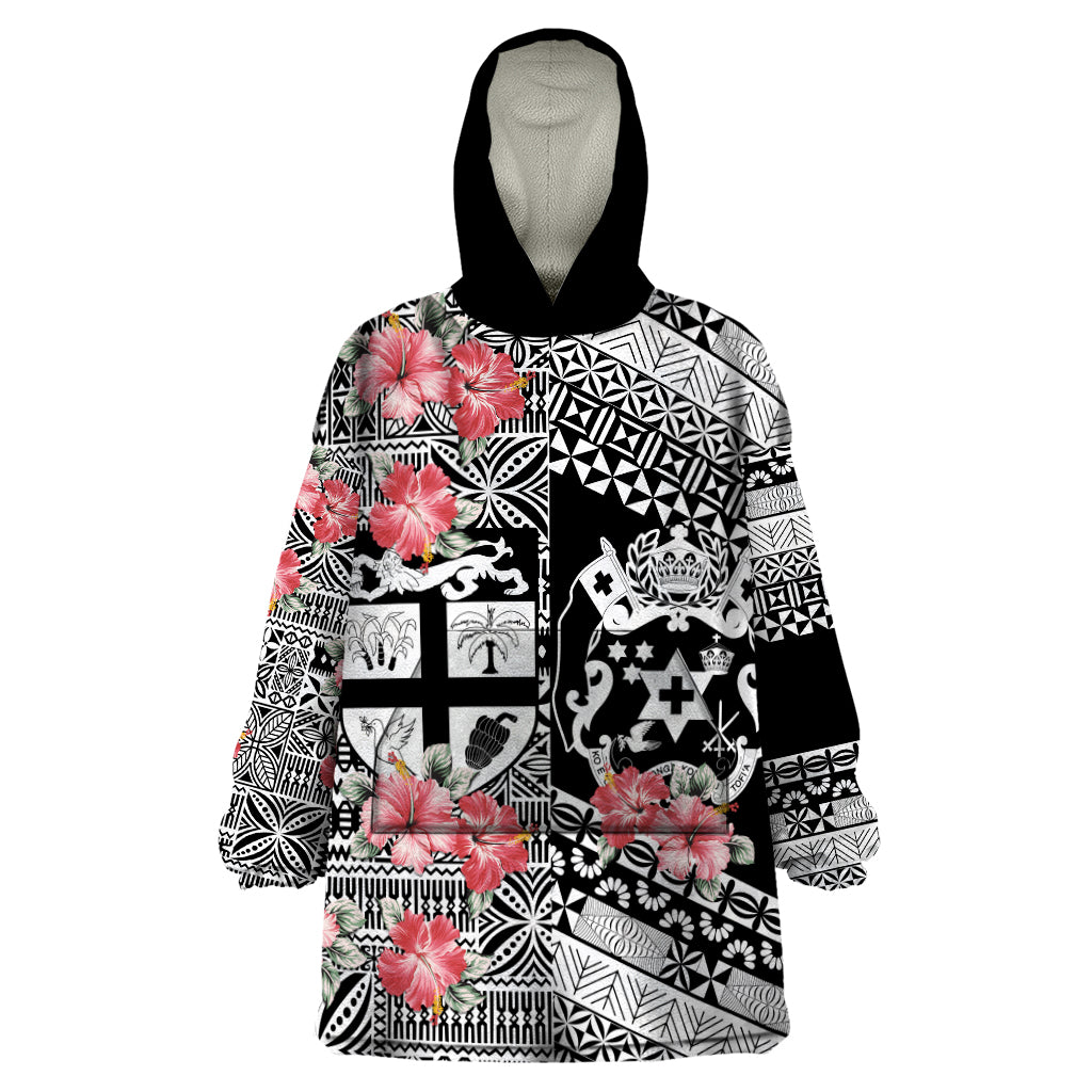Fiji Tonga Coat of Arms Personalised Wearable Blanket Hoodie - Masi Tapa and Tongan Ngatu Together LT9 One Size Black - Polynesian Pride