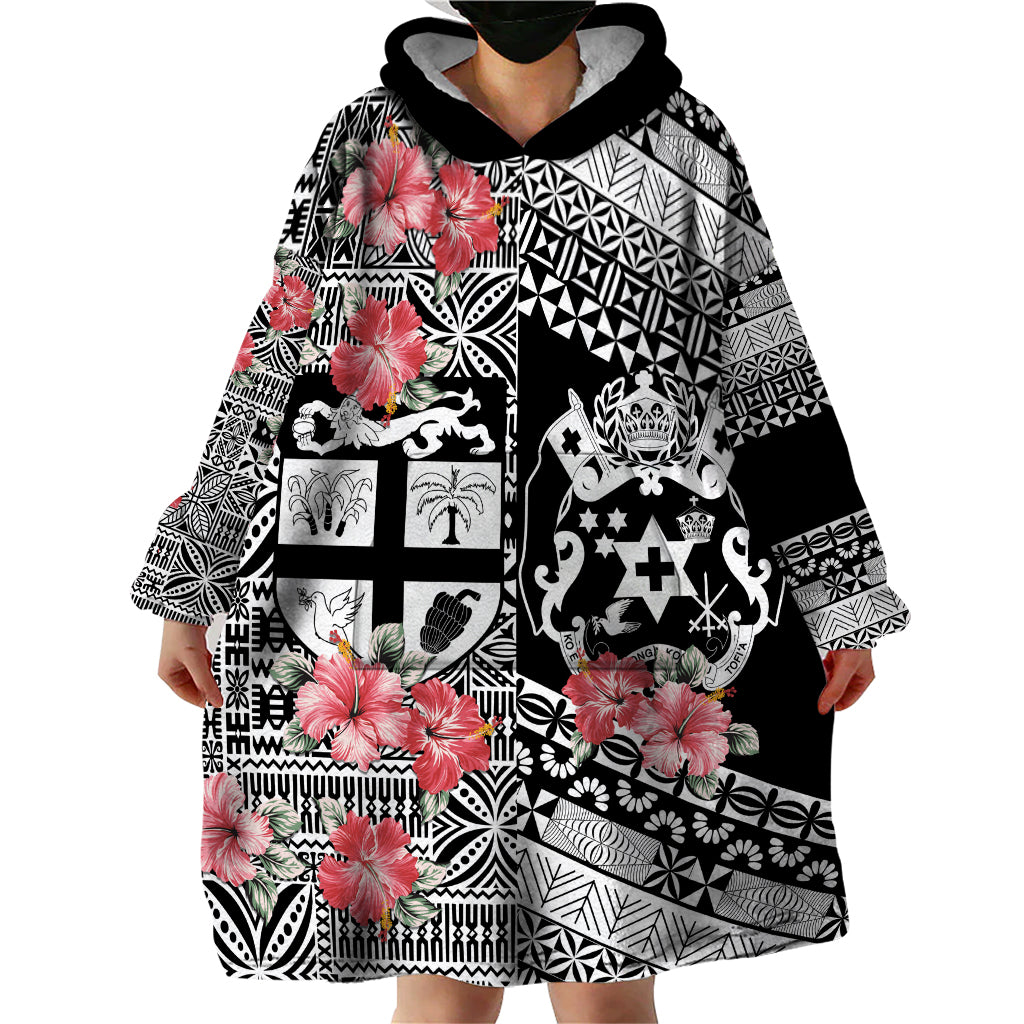 Fiji Tonga Coat of Arms Personalised Wearable Blanket Hoodie - Masi Tapa and Tongan Ngatu Together LT9 - Polynesian Pride