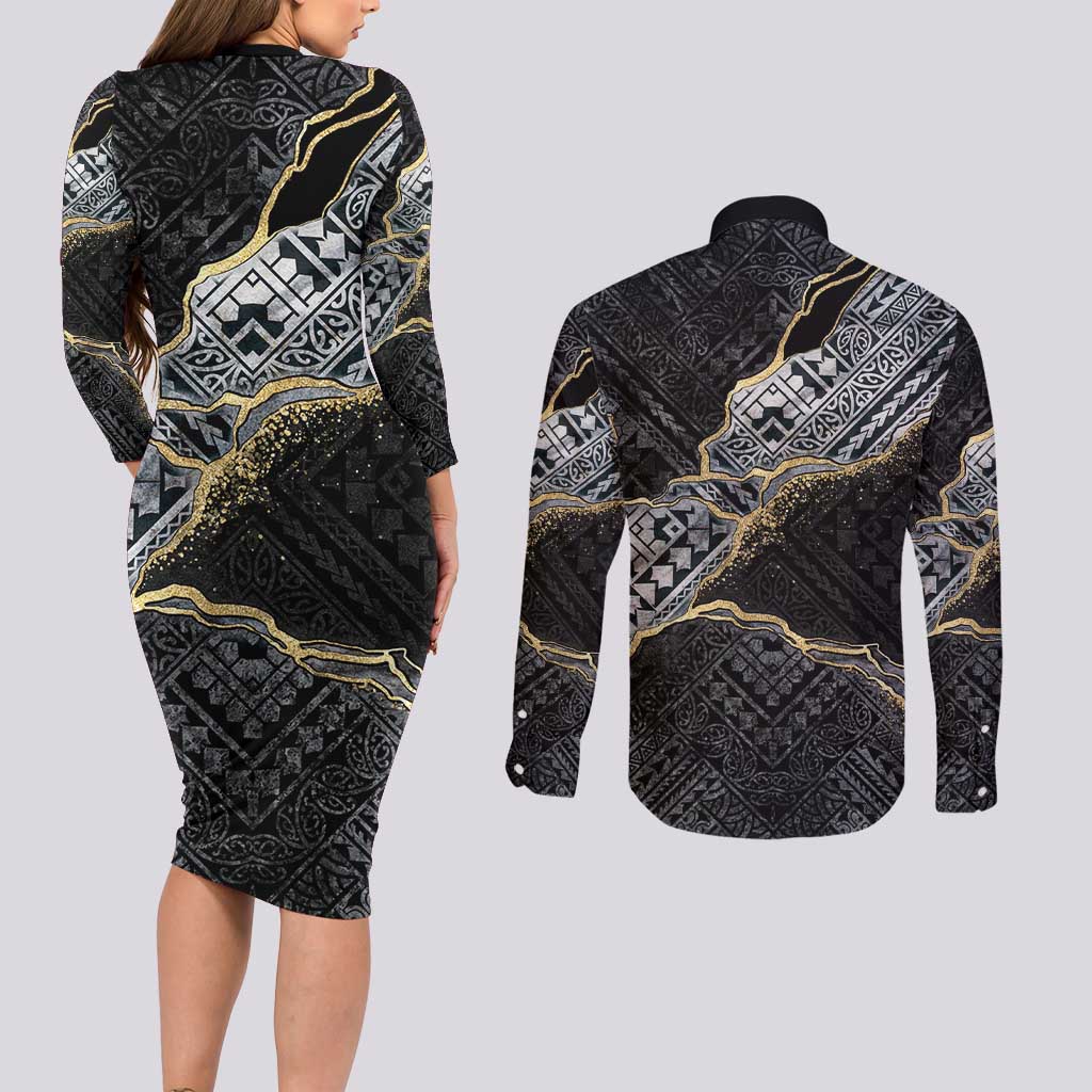 Polynesian Tribal Tattoo Couples Matching Long Sleeve Bodycon Dress and Long Sleeve Button Shirt Dark Marble Pattern