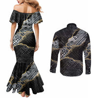Polynesian Tribal Tattoo Couples Matching Mermaid Dress and Long Sleeve Button Shirt Dark Marble Pattern
