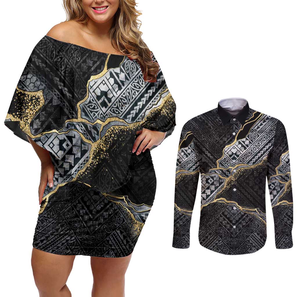 Polynesian Tribal Tattoo Couples Matching Off Shoulder Short Dress and Long Sleeve Button Shirt Dark Marble Pattern LT9 Black - Polynesian Pride