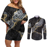 Polynesian Tribal Tattoo Couples Matching Off Shoulder Short Dress and Long Sleeve Button Shirt Dark Marble Pattern LT9 Black - Polynesian Pride