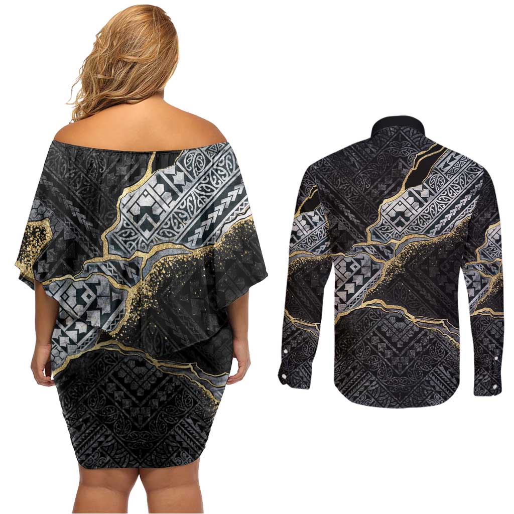 Polynesian Tribal Tattoo Couples Matching Off Shoulder Short Dress and Long Sleeve Button Shirt Dark Marble Pattern LT9 - Polynesian Pride