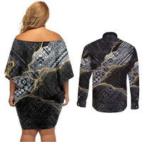 Polynesian Tribal Tattoo Couples Matching Off Shoulder Short Dress and Long Sleeve Button Shirt Dark Marble Pattern LT9 - Polynesian Pride