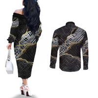 Polynesian Tribal Tattoo Couples Matching Off The Shoulder Long Sleeve Dress and Long Sleeve Button Shirt Dark Marble Pattern