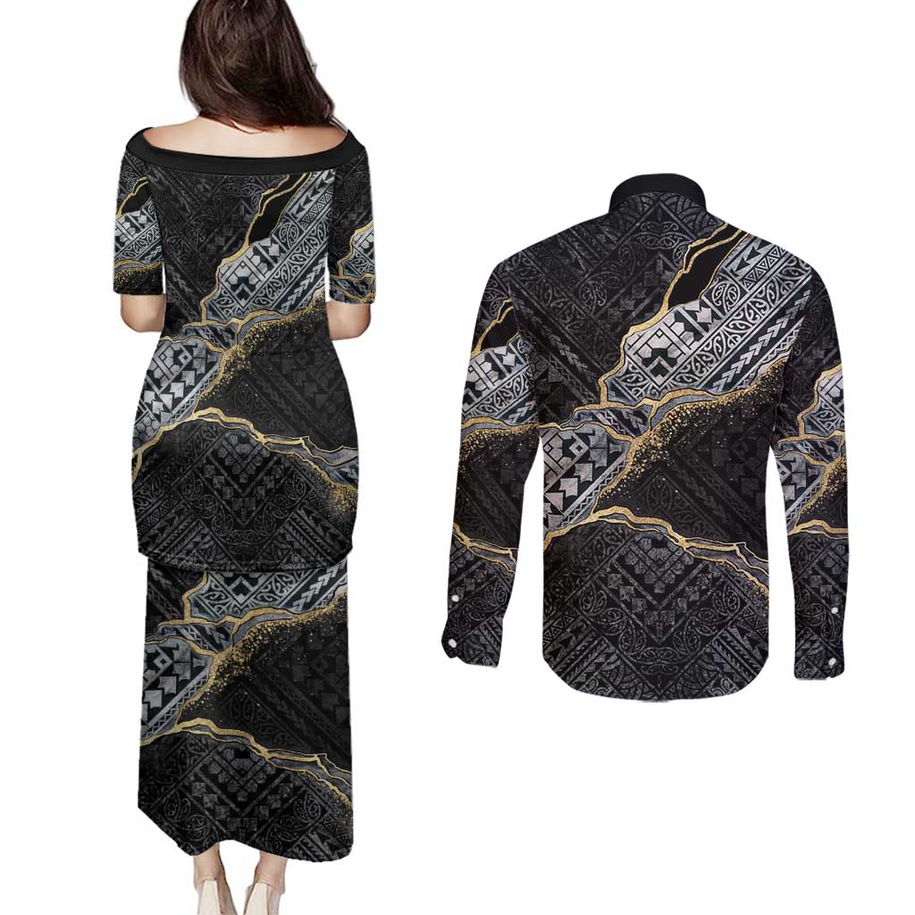 Polynesian Tribal Tattoo Couples Matching Puletasi and Long Sleeve Button Shirt Dark Marble Pattern