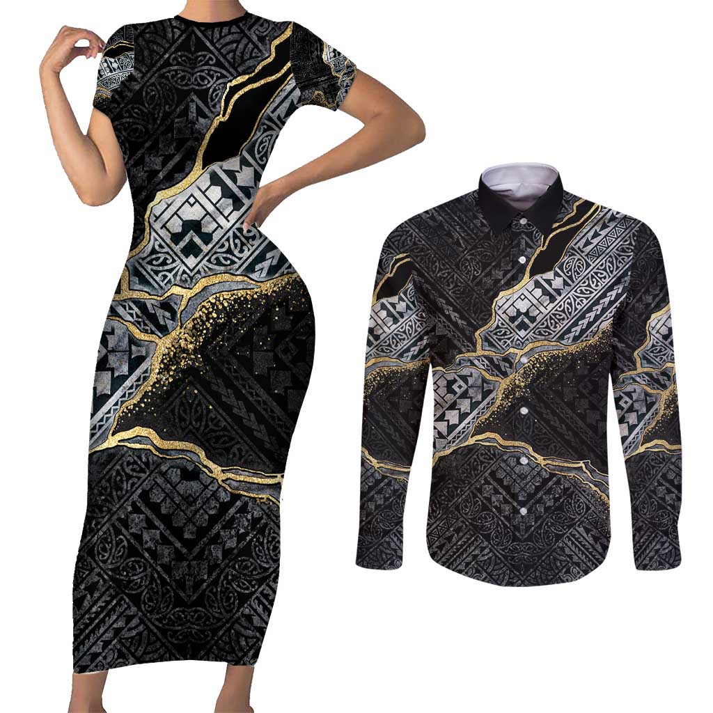 Polynesian Tribal Tattoo Couples Matching Short Sleeve Bodycon Dress and Long Sleeve Button Shirt Dark Marble Pattern
