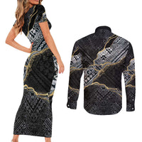 Polynesian Tribal Tattoo Couples Matching Short Sleeve Bodycon Dress and Long Sleeve Button Shirt Dark Marble Pattern