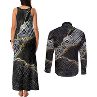 Polynesian Tribal Tattoo Couples Matching Tank Maxi Dress and Long Sleeve Button Shirt Dark Marble Pattern