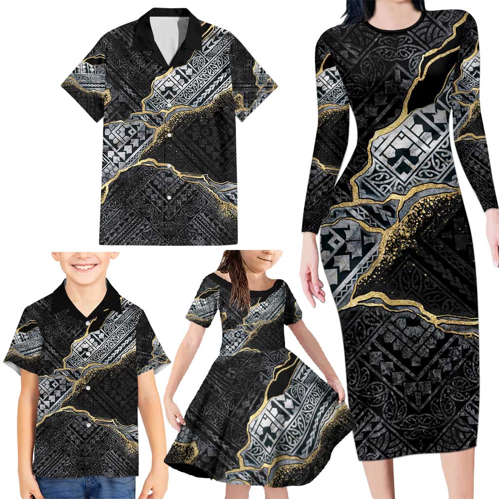 Polynesian Tribal Tattoo Family Matching Long Sleeve Bodycon Dress and Hawaiian Shirt Dark Marble Pattern LT9 - Polynesian Pride