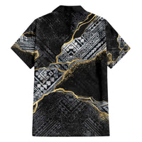Polynesian Tribal Tattoo Family Matching Off The Shoulder Long Sleeve Dress and Hawaiian Shirt Dark Marble Pattern