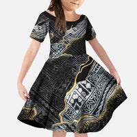 Polynesian Tribal Tattoo Family Matching Off Shoulder Maxi Dress and Hawaiian Shirt Dark Marble Pattern LT9 Daughter's Dress Black - Polynesian Pride