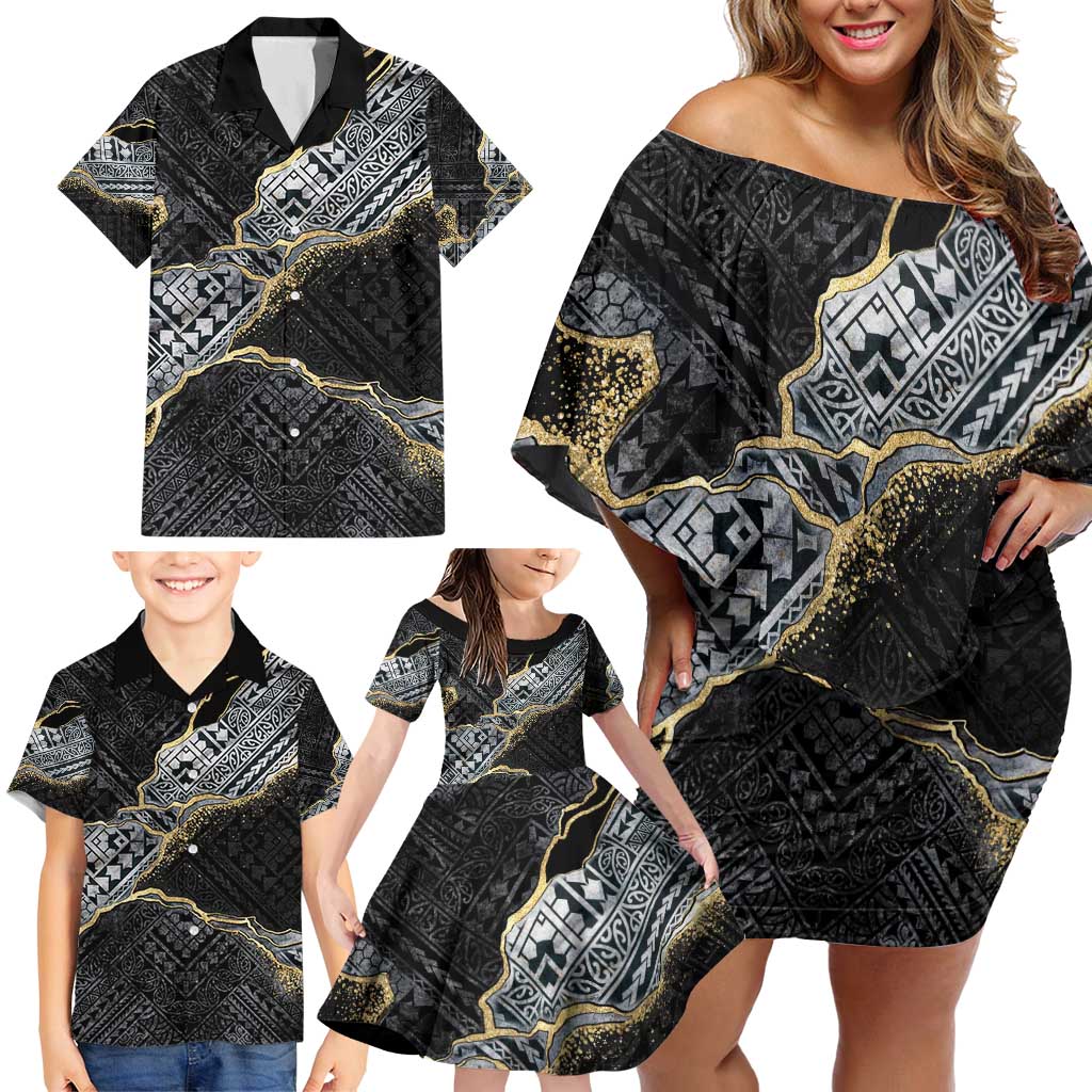 Polynesian Tribal Tattoo Family Matching Off Shoulder Short Dress and Hawaiian Shirt Dark Marble Pattern LT9 - Polynesian Pride