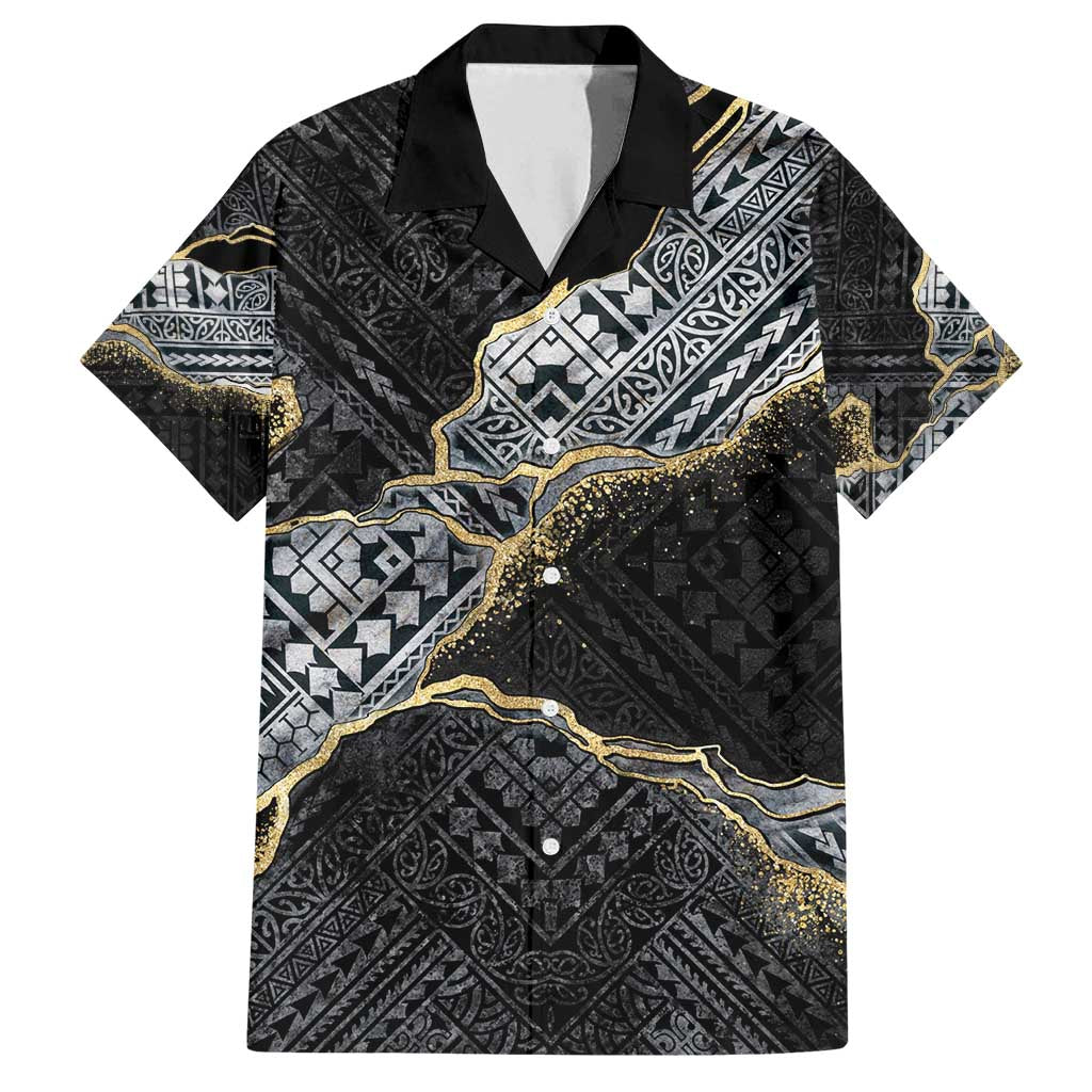 Polynesian Tribal Tattoo Family Matching Puletasi and Hawaiian Shirt Dark Marble Pattern