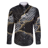 Polynesian Tribal Tattoo Family Matching Puletasi and Hawaiian Shirt Dark Marble Pattern