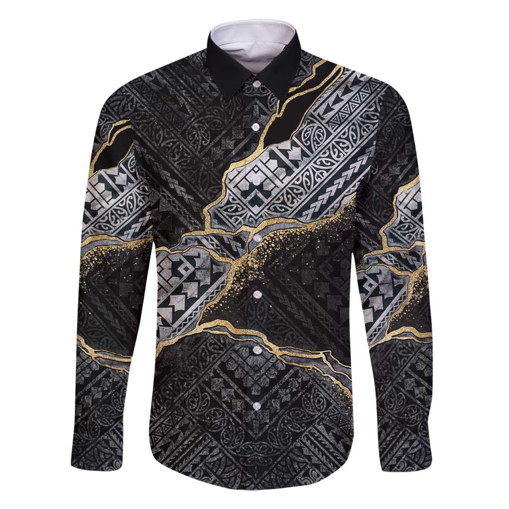 Polynesian Tribal Tattoo Family Matching Summer Maxi Dress and Hawaiian Shirt Dark Marble Pattern