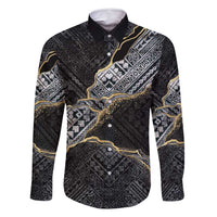 Polynesian Tribal Tattoo Family Matching Summer Maxi Dress and Hawaiian Shirt Dark Marble Pattern