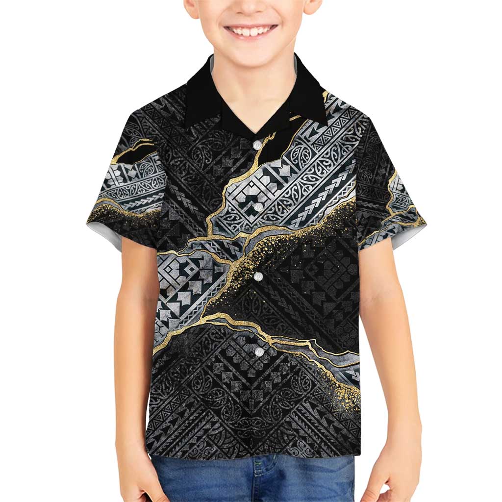 Polynesian Tribal Tattoo Family Matching Tank Maxi Dress and Hawaiian Shirt Dark Marble Pattern