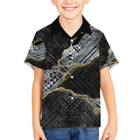 Polynesian Tribal Tattoo Family Matching Tank Maxi Dress and Hawaiian Shirt Dark Marble Pattern