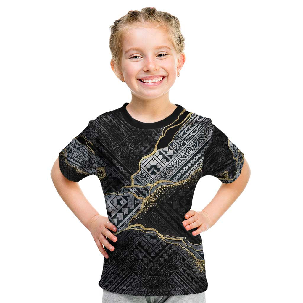 Polynesian Tribal Tattoo Kid T Shirt Dark Marble Pattern