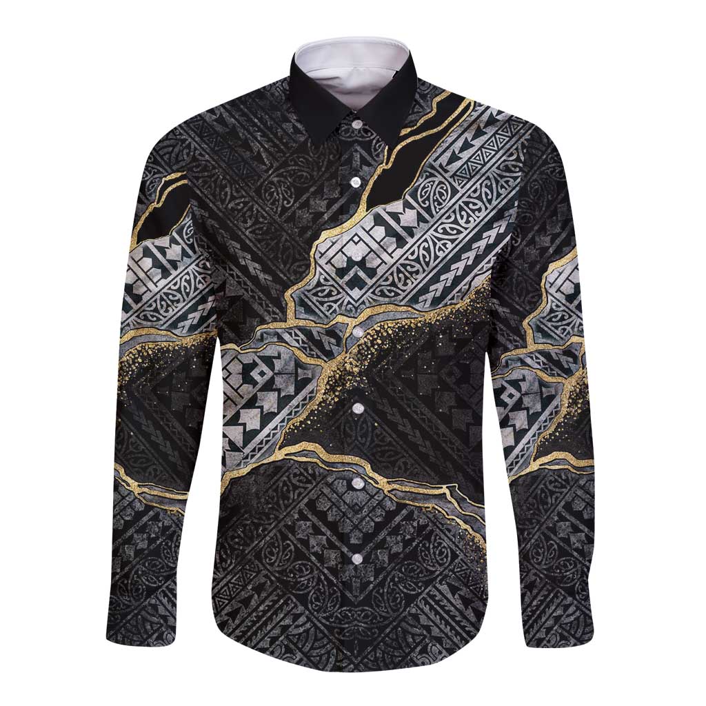 Polynesian Tribal Tattoo Long Sleeve Button Shirt Dark Marble Pattern
