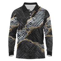 Polynesian Tribal Tattoo Long Sleeve Polo Shirt Dark Marble Pattern