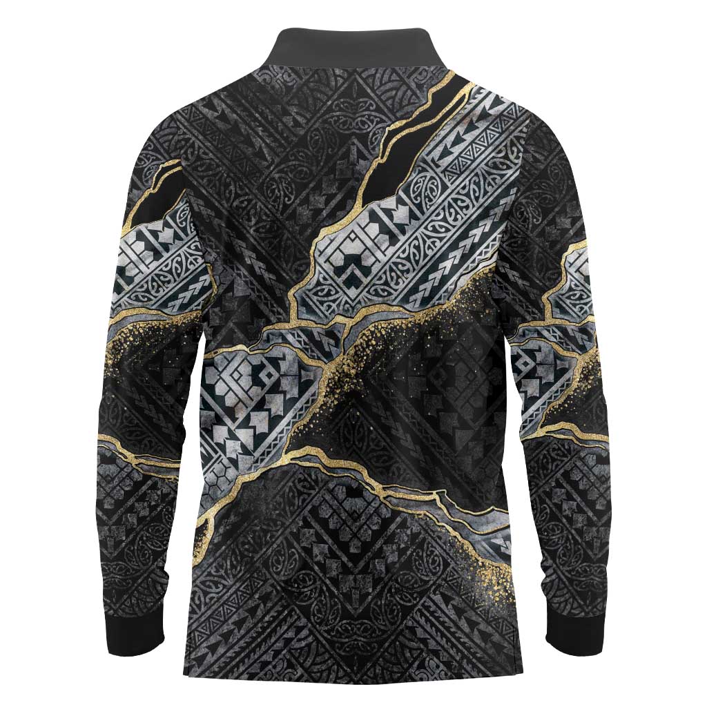Polynesian Tribal Tattoo Long Sleeve Polo Shirt Dark Marble Pattern