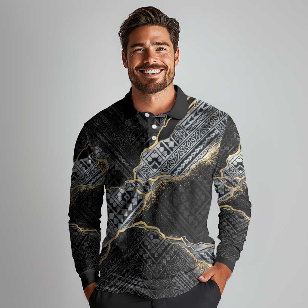 Polynesian Tribal Tattoo Long Sleeve Polo Shirt Dark Marble Pattern