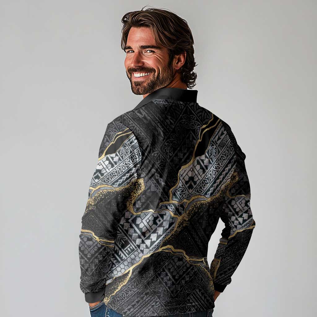 Polynesian Tribal Tattoo Long Sleeve Polo Shirt Dark Marble Pattern