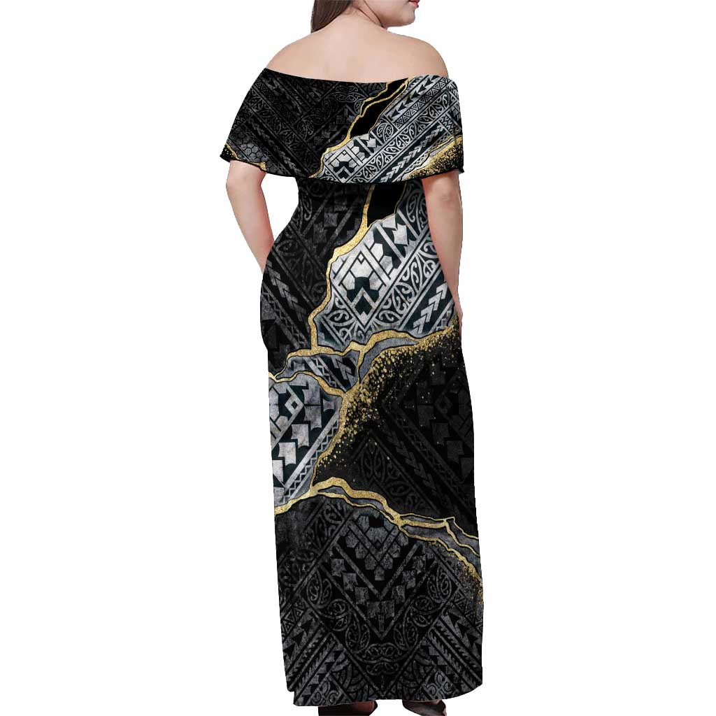 Polynesian Tribal Tattoo Off Shoulder Maxi Dress Dark Marble Pattern