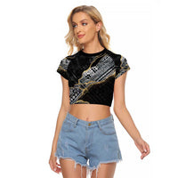 Polynesian Tribal Tattoo Raglan Cropped T Shirt Dark Marble Pattern