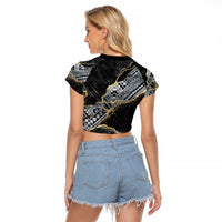 Polynesian Tribal Tattoo Raglan Cropped T Shirt Dark Marble Pattern