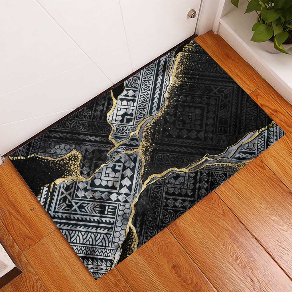 Polynesian Tribal Tattoo Rubber Doormat Dark Marble Pattern
