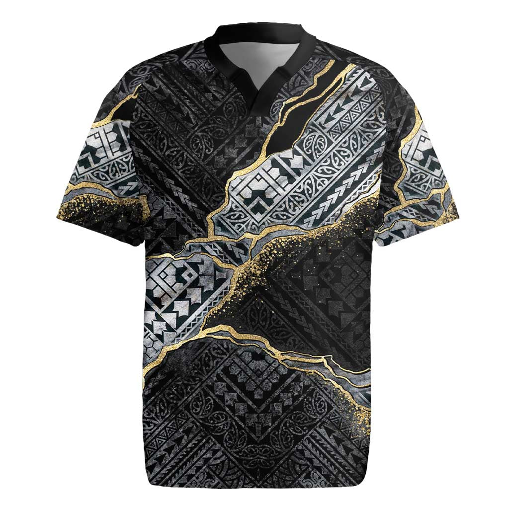 Polynesian Tribal Tattoo Rugby Jersey Dark Marble Pattern LT9 Black - Polynesian Pride