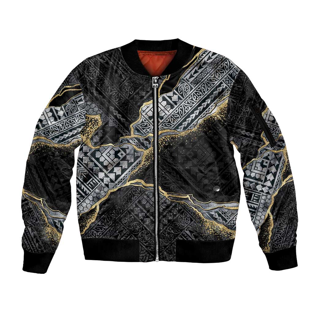 Polynesian Tribal Tattoo Sleeve Zip Bomber Jacket Dark Marble Pattern
